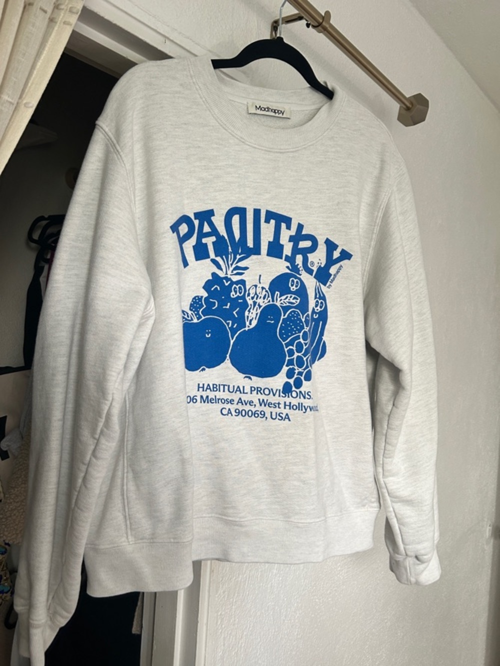 Madhappy Cream Crewneck Sweatshirt with Blue 'PANTRY' Graphic